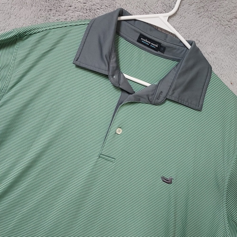 Southern Marsh Polo Shirt Mens Medium Striped Performance Stretch Green Preppy